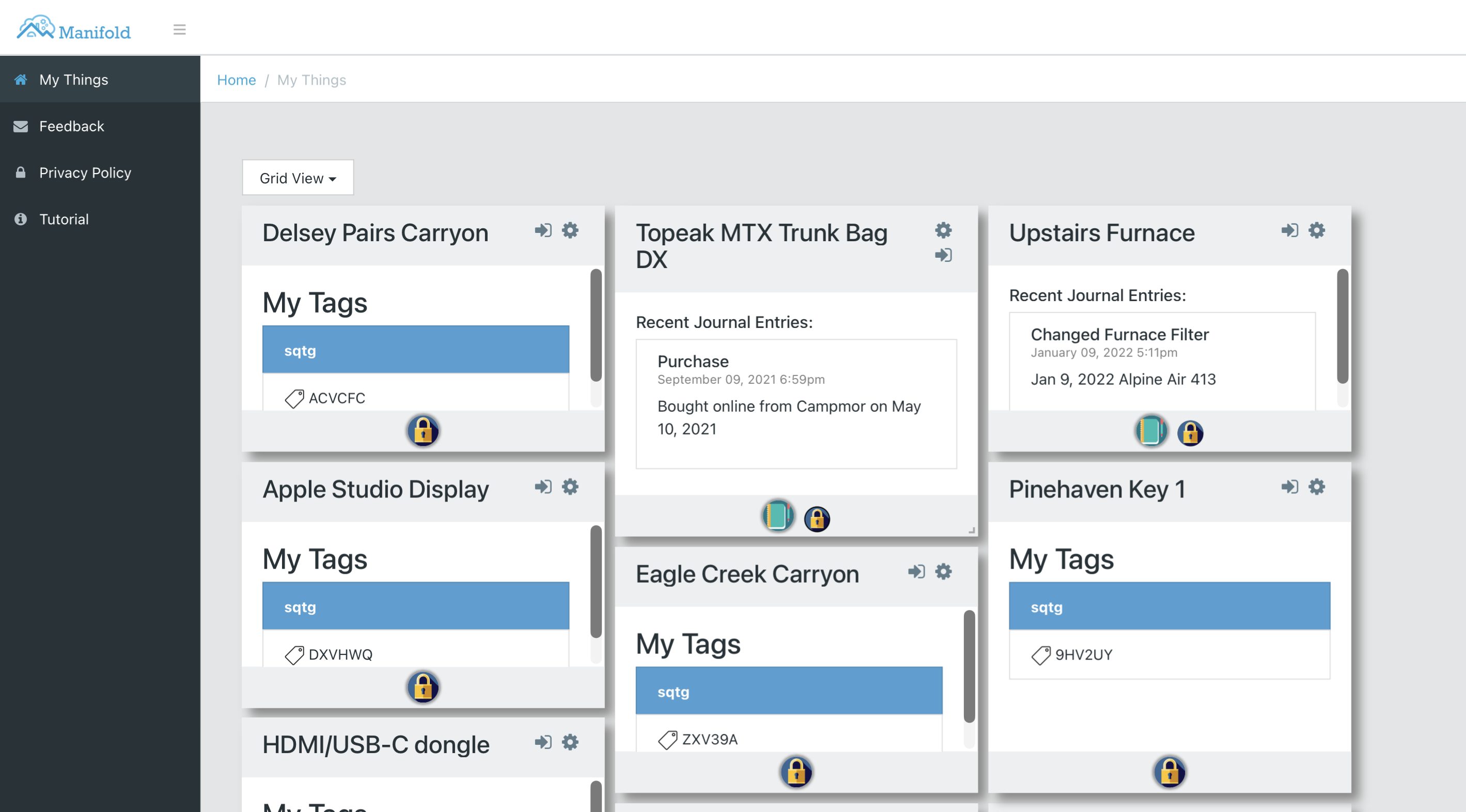 Manifold GUI showing a grid of thing cards including carry-on bags, a furnace, keys, and an Apple Studio Display, each with tags and journal entries